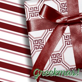 LaRibbons Reversible Minimalist Christmas Wrapping Paper, Greek Key Geometric & Striped Design - Burgundy Pink Modern Gift Wrap for Birthday, Holiday, Xmas Party Celebration, 17 Inch × 33 Feet