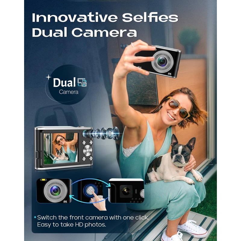 Digital Camera, AutoFocus 4K Compact Camera with Dual Camera with