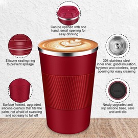 LCKDHM Insulated travel coffee cup with leak proof lid, insulated and reusable hot and cold beverage gifts No handle for men and women Multiple sizes and colors (Red, 12 oz)