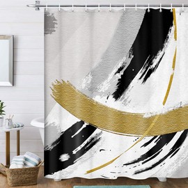 MERCHR Black and Gold Abstract Shower Curtain, Chic Design White Grey Art Designer Fabric Shower Curtains Set for Bathroom Decorative, Modern Restroom Decor Accessories with Hooks 72X 72 Inch