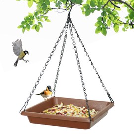 Large Hanging Bird Feeder Tray, Platform Spacious Birds Feeder with Mesh Tray, Sturdy and Drainage Bird Feeder for Bluebirds Cardinals Goldfinches (10.6 inch, Brown)