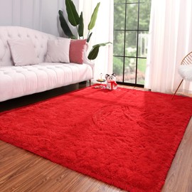 Keeko Area Rugs for Bedroom Living Room, 4x5.3 Fluffy Washable Area Rug Soft Shag Fuzzy Shaggy Carpet Nursery Rug for Dorm Non Shedding Indoor Rugs for Entryway Kids Girls Children Room Decor Red