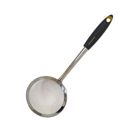 Fackelmann Soft Mesh Slotted Spoon, Stainless Steel and Polypropylene Handle with Soft Touch, Non-Slip and Ergonomic, Suitable for Roasting and Frothing, 30 x 11 x 8 cm, Orange and Grey, 1 Piece