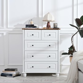GDFStudio Modern Dresser with 5 Drawers, Tall Chest of Drawers Wood Storage Cabinet with Wide Top for Bedroom, Living Room, Entryway, or Office, Ivory White