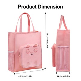 LJCZKA Cat Tote Bag with Inner Pockets for Girls Boys Book Carry Bag with Zip Large for School Work Travel Beach, pink