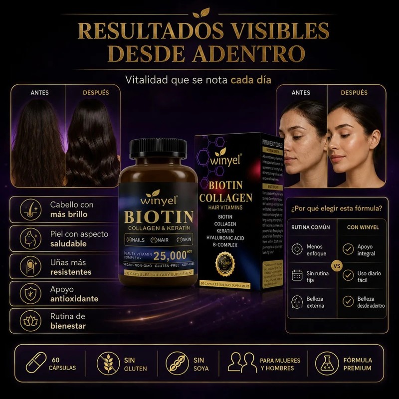 Biotina 25000 Mcg Con Colágeno Y Queratina 60 Cápsulas