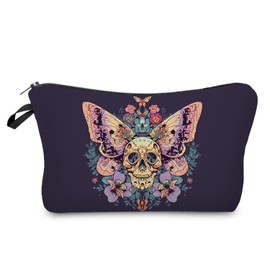 Livel lhood Skull Butterfly Makeup Bag Cute Small Organizer Zipper Pouch Floral Butterfly Skull Cosmetic Bag Gothic Birthday Present for Women Friends