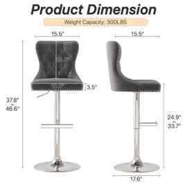 GOOLON Bar Stools Set of 2, Velvet Swivel Counter Height Stools with Tufted Back, Adjustable Seat with Nailheads Trim, Upholstered Bar Chairs with Steel Base for Kitchen Island, Pub, Grey
