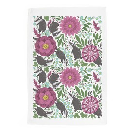 Purely Home Floral Badgers Tea Towel - Large Mauve Flowers & Foliage Wildlife Panama Cotton Kitchen Dish Towel/Drying Cloth - 67cm x 45cm