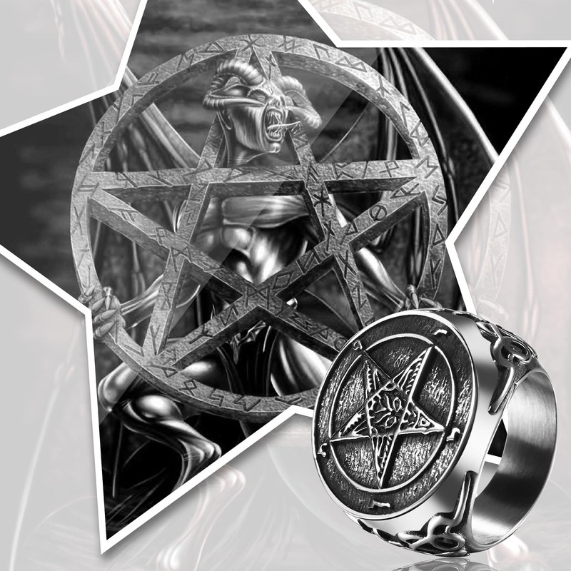 JewelryWe Men's Pentagram Ring: Sulfur Satan Demon Devil Symbol Baphomet