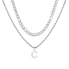 APMGONT Mens Initial Necklace, Stainless Steel Silver Figaro Chain Twist Rope Link Chain with A-Z Letter Pendant Layered Chain Necklace for Men Dad Boyfriend Birthday Father's Day Gift (Silver C)