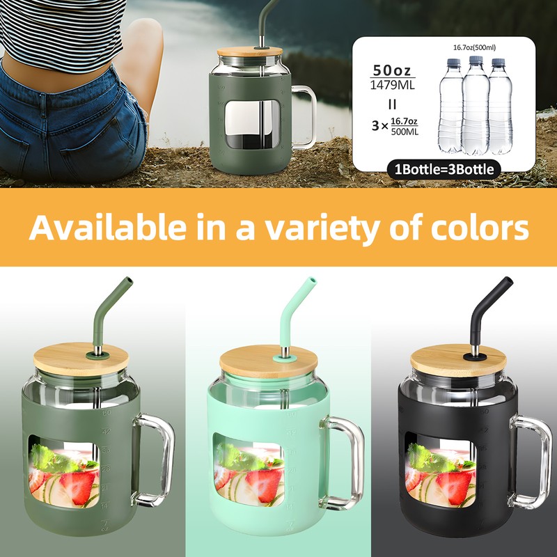 [通拓商品]50oz Glass Cup with Handle Reusable Bamboo Lids Water Bottle