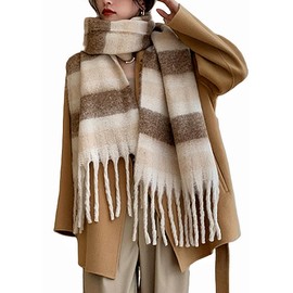 Wander Agio Winter Women Warm Scarf Long Shawl Large Scarves Cold Weather Thicker Blanket Wrap Colour Plaid Stripe Brown Beige 14