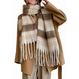 Wander Agio Winter Women Warm Scarf Long Shawl Large Scarves Cold Weather Thicker Blanket Wrap Colour Plaid Stripe Brown Beige 14