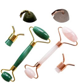 Face Roller and Gua Sha Stone Massage Set in 2 Variants - Soothes and Relaxes the Skin - Against Swollen Eyes and Reduces Dark Circles - Roller Massager, Eye Massager (Jade)