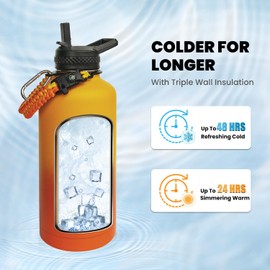 RAYMYLO Insulated Water Bottle 87 oz, Triple Wall Vacuum Stainless Steel (Cold for 48 Hrs), Leak Proof & Non-BPA, Modern Water Flask Jug with Paracord Handle & Straw Spout Lids, Ombre Orange