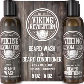 BEST DEAL Beard Wash & Beard Conditioner Set w/ Argan & Jojoba Oils - Softens & Strengthens - Natural Peppermint and Eucalyptus Scent - Beard Shampoo w/ Beard Oil 5oz by Viking Revolution