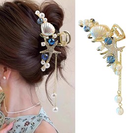 Shell Hair Clip Starfish Hair Claw Clips Cute Design Hair Accessories Medium Ocean Hair Barrette Non Slip Alloy Hair Clamp Clip Seashells Pearl Jaw Clips Fashion Hair Decorations for Women, 1Pcs