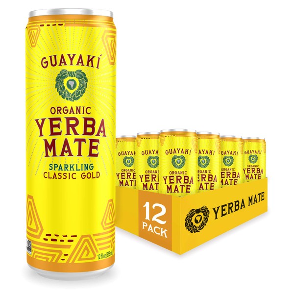 Guayaki Yerba Mate, Classic Gold, Organic Sparkling Clean Energy Drink, 12 Ounce Cans (Pack of 12), 120mg Caffeine (Packaging May Vary)