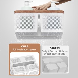 BYUNER Portable Shower Caddy Small: Plastic Bathroom Caddy Organizer with Handle and Holes, Cleaning Caddy, Hard Shower Basket Storage Tote for Toiletry, College Dorm Room Essentials White/Wood Grain