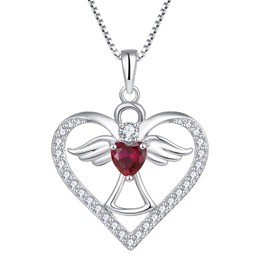 FJ Heart Guardian Angel Pendant Necklace 925 Sterling Silver Angel Wing Necklace Ruby July Birthstone Necklace Jewellery Gifts for Women Girls