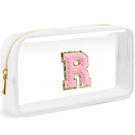 LOFOWN Initial Clear Makeup Bag Small Cosmetic Bag Travel Toiletry Bag Clear Zipper Pouch Purse Organizer Bags for Women, White-M, R, Initial Makeup Bag