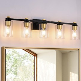 Anicompa Bathroom Vanity Light 5 Light, Black and Gold Bathroom Lights Over Mirror, Black Gold Vanity Lights Fxitures with Clear Glass Shade, E26