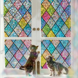 SUNBABY Stained Glass Window Film: Rainbow Holographic Window Privacy Film Decorative UV Sun Blocking Static Cling Window Covering Film for Home Bathroom,23.6 x 394 inches