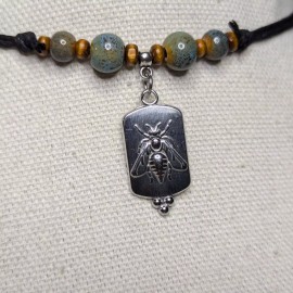 Handmade Bee Charm Ceramic Beaded Blue Green Stainless Silver Boho Hippie Choker Necklace