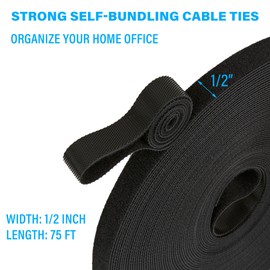 75 ft x 1/2 inch Hook and Loop Roll, Reusable Fastening Cable Ties, Multi-Purpose Cable Management Wire Ties Cable Straps for Organizing Home, Office and Data Centers