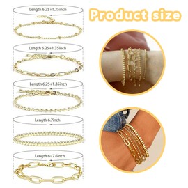 QttvbTna Gold Chain Bracelet Sets, 5 PCS Cuban Alloy Stack Non Tarnish Gold Link Charm Bracelets Set Adjustable Jewellery Link Bead Bracelet Layered Metal Jewelry Gift for Women