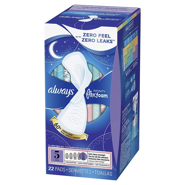 Always Infinity FlexFoam Pads for Women, Size 5, Extra Heavy Overnight Absorbency, Unscented, 22 Count