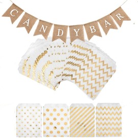 Candy Bar Decoration Accessory Set, Candy Bar Decoration Set, Candy Bar Garland Banner + 100 Pieces Gold Candy Bar Bags + 100 Pieces Sticker Candy Bar Accessories for Wedding Party Birthday Decoration