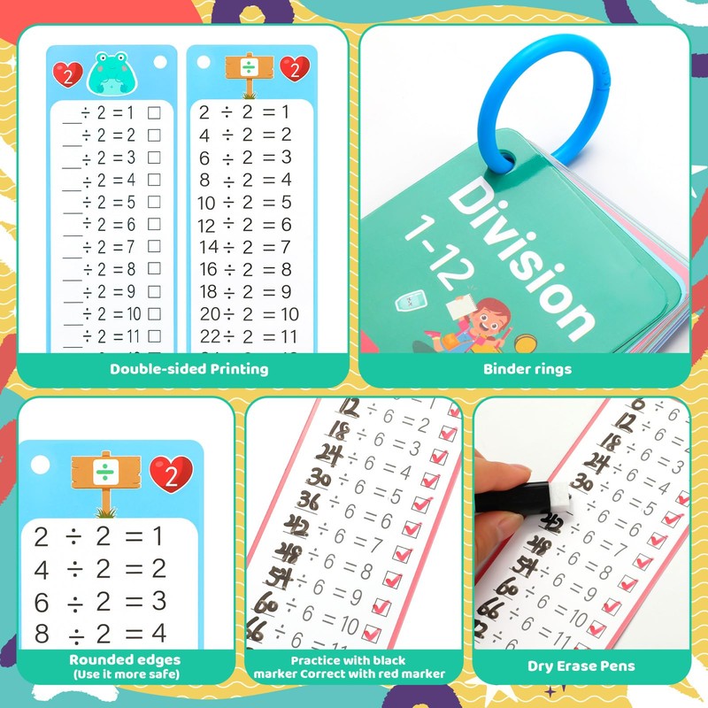 15Pcs Division Flash Cards, Division Chart 1-12 with 2 Dry