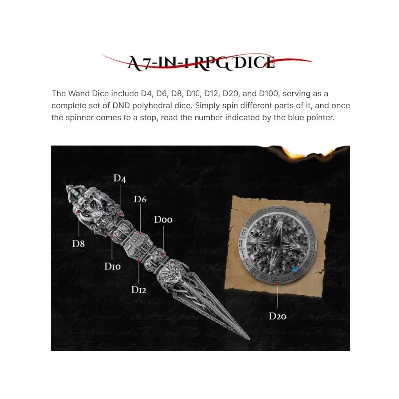 Wand Dice for Dungeons and Dragons Game, Dice Spinner, Numbers