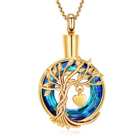 Oinsi Tree of Life Urn Necklaces for Ashes Heart Cremation Jewelry for Men Women Memorial Keepsake Jewelry with Crystal Birthstone Ashes Pendant (Gold -Blue-2)