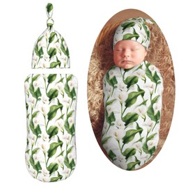 Muishi Watercolor White Calla Lilies Newborn Swaddle Blankets Hat Sets Soft Baby Receiving Blanket Swaddle Sack for Baby Shower Infant Boy Girl Gift