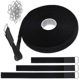 2cm x5m Hook and Loop Straps with 25 Metal Buckles,Cut-to-Length Reusable Cable Ties,Adjustable Fastening Cable Straps,Nylon Securing Cinch Strap,2cm Wide, Black