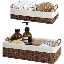 Small Wicker Baskets for Organizing, Decorative Water Hyacinth Storage Baskets for Shelves, Toilet Paper Storage Baskets for Bathroom, Living Room, EntryWay, Set of 2 - Color: Brown (Paper)