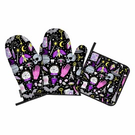 Samgula Magic Oven Mitts and Pot Holders Sets Witchcraft Bat Witch Mystery Esoteric Heat Resistant 3pcs for Cooking Baking BBQ