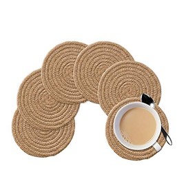 Gracelife 6pcs Cup Mat Pure Cotton Thread Weave Round Drink Hot Pads Mats Set Absorbent Scald-Proof Drink Coasters (Jute Color)