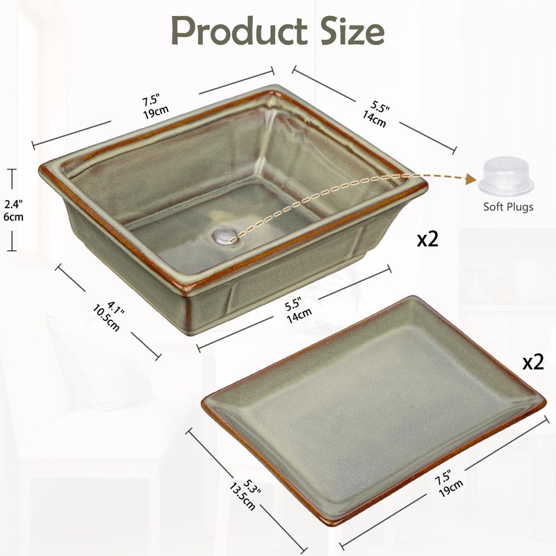 Ceramic Bonsai Pots with Drainage Tray, Set of 2 Rectangular