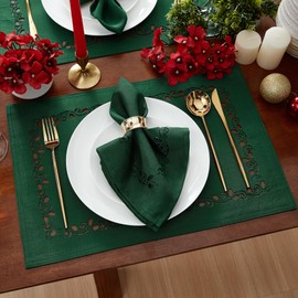 Elrene Home Fashions Holly Scroll Laser Cut Holiday Fabric Dining Placemats, Set of 4, 13"x19", Holly Green