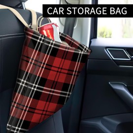 ABUIFDK Car Trash Can, Hanging Car Organizer and Storage Bag, Trash Bin for Vehicle, Travelling, Camping Black and Red Checkerboard