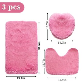 Eanpet Shaggy Bathroom Rugs Sets 3Piece Pink Bath Mat for Bathroom Non-Slip Bathroom Mats Water Absorbent Bath Rug Floor Mats Soft Washable Shower Rug with U-Shaped Contour Rug Toilet Lid Cover