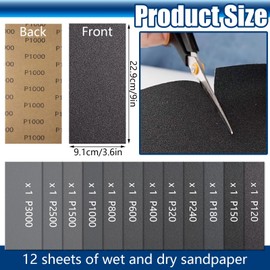 Sand Paper, Sandpaper Sheets 120/150/180/240/320/400/600/800/1000/1500/2500/3000Grit, 12Pcs Wet Sandpaper for Wood, Metal and Car Polishing (23 x 9cm/9 x 3.6inch)