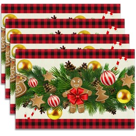 Christmas Decorations,Christmas Placemats Set of 4,12x18In Linen Red Black Buffalo Plaid Xmas Table Runner Winter Holiday Xmas Theme Table Mats Indoor Home Dining Kitchen Party Centerpiece Table Decor