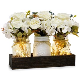 Nagobi Mason Jar Lights Centerpiece for Table, Mason Jar Centerpiece Table Decor for Dining Room Farmhouse Coffee Table Decor with Wood Tray Fairy Lights Fake Peony Flowers for Kitchen Living - Ivory