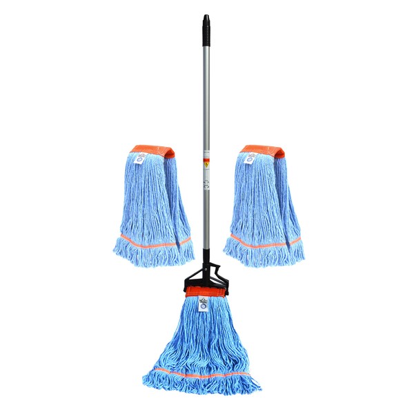 Nine Forty Industrial and Commercial-Grade Looped End Wet Mop w/ 2 Replacement Heads - Blue String Mop with 42”-72” Adjustable Aluminum Handle Length - Clamp - for Optimal Absorption and Durability