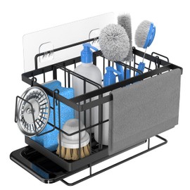 Damita Kitchen Sink Caddy Sponge Holder, Stainless Steel Sponge Holder for Kitchen Sink, Soap Organiser, Sink Caddy Organiser, with Drain Pan for Bathroom Worktops Storage, Black